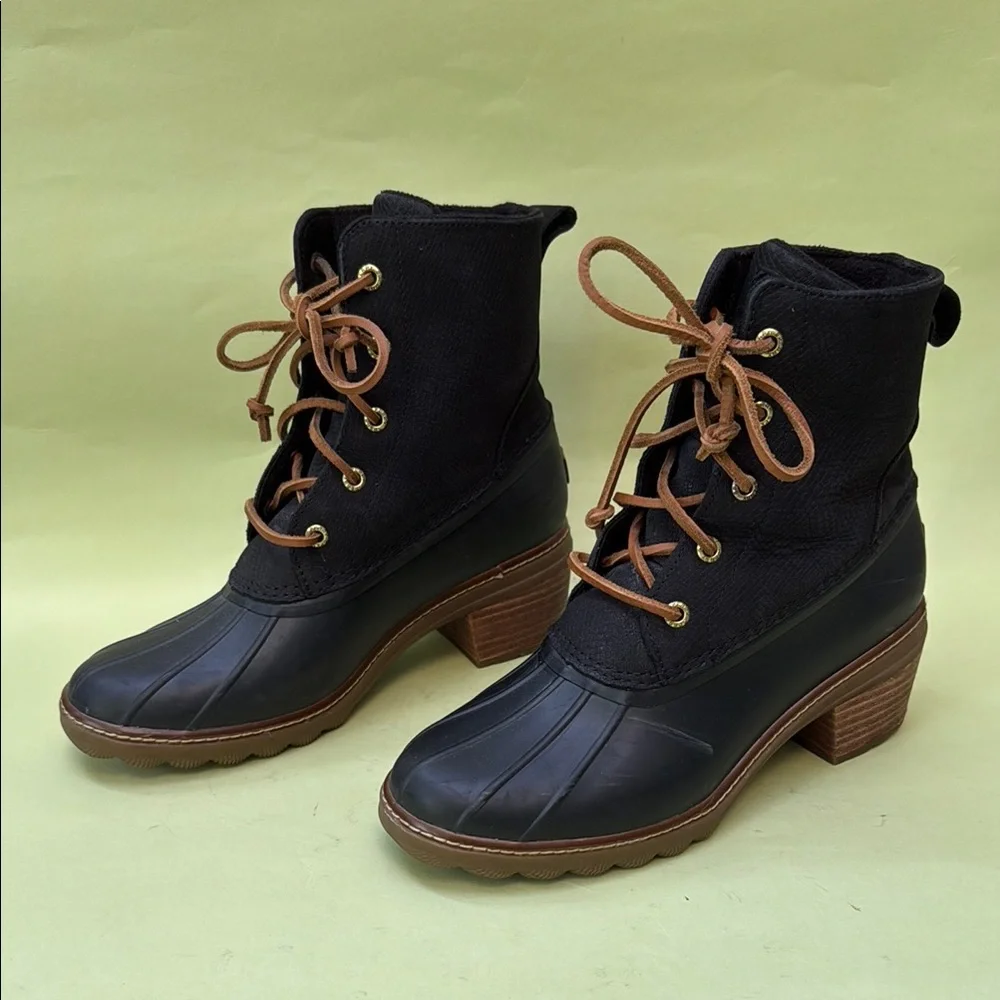 Sperry Black and Brown Winter Rain Boots with Chunky Heels